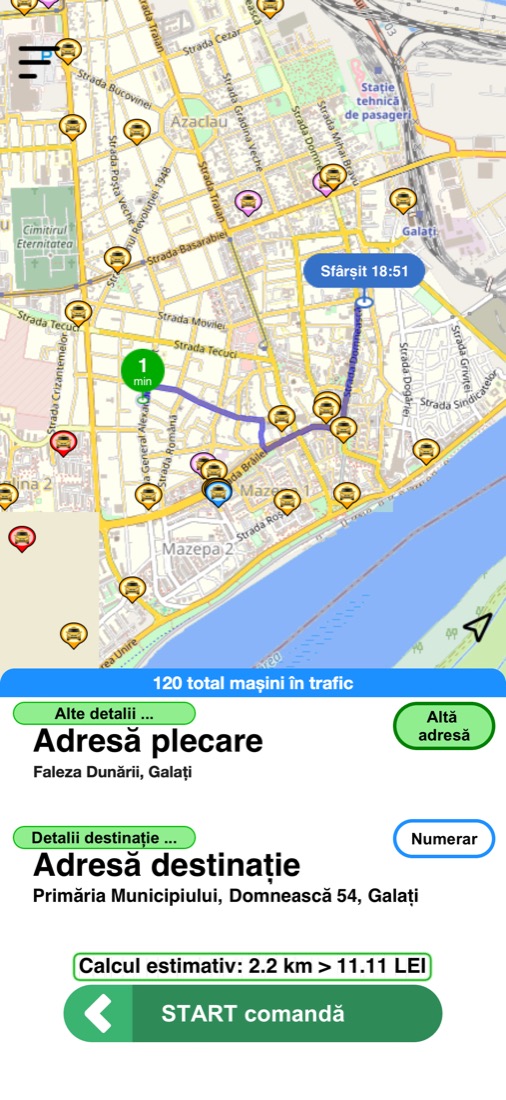 Sama Client: adresa de plecare, destinația, calculul estimativ și butonul START comandă