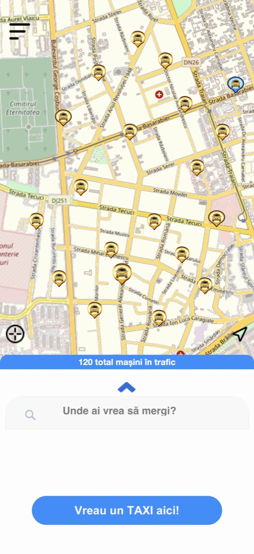 Sama Client: harta Galațiului cu taxiurile din jur și butonul „Vreau un TAXI aici!”